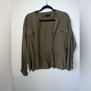 Zara Olive Green Viscose Blend Lightweight Utility Ruffle Open Front Jacket XS